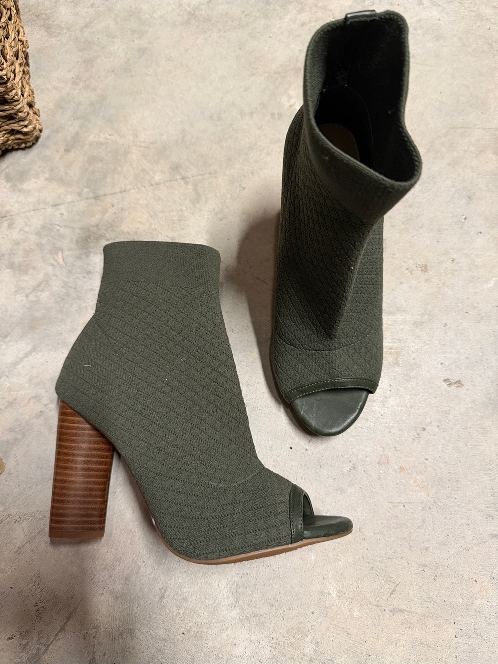 Olive Green Knit Peep-Toe Sock Booties
